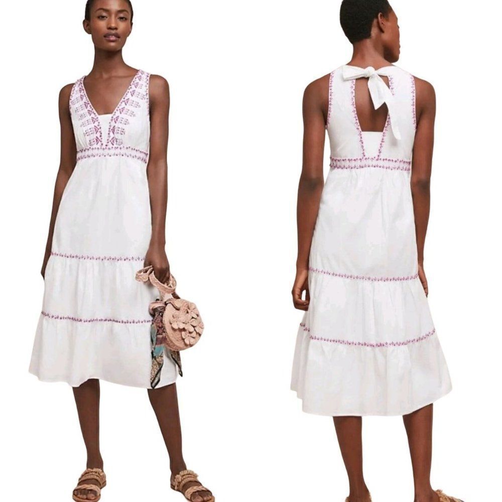 Anthropologie Dress Selena Cotton Embroidered Tiered Swing Akemi + Kin White S
